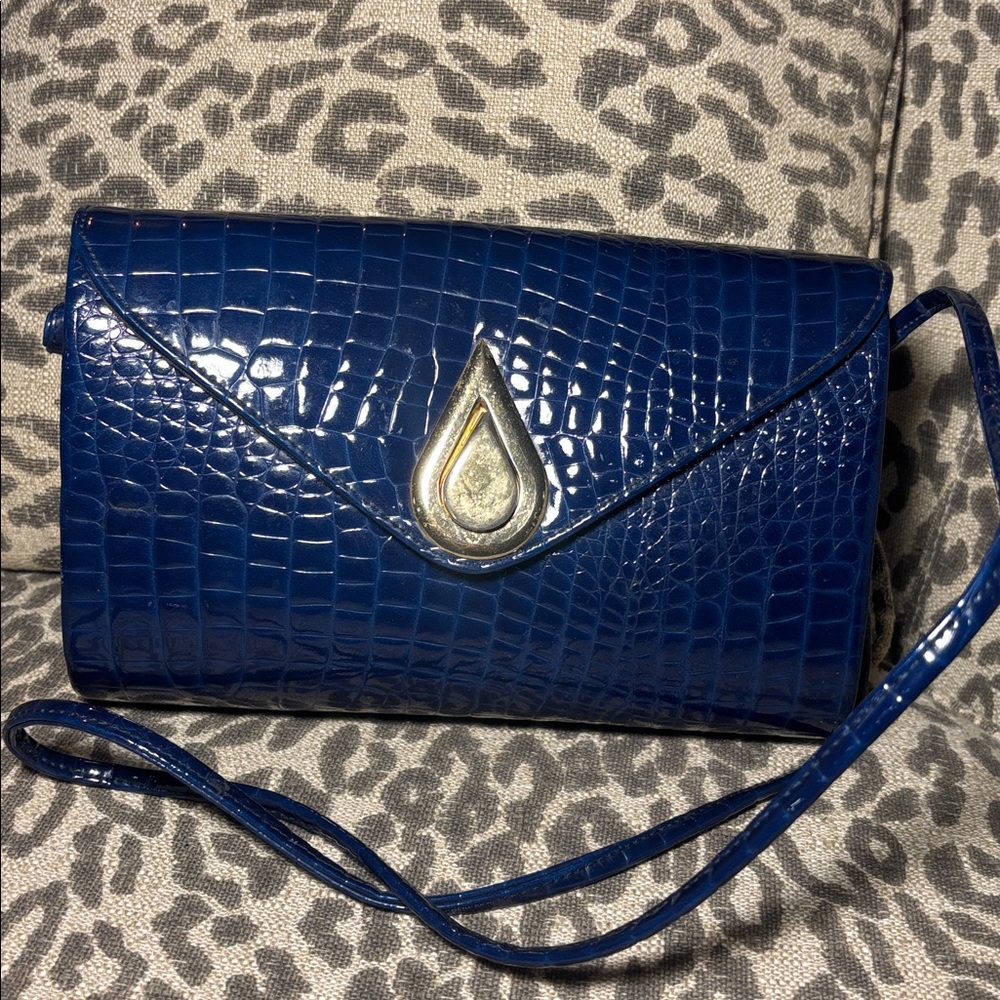 Andé blue patent leather embossed crocodile crossbody handbag purse snakeskin